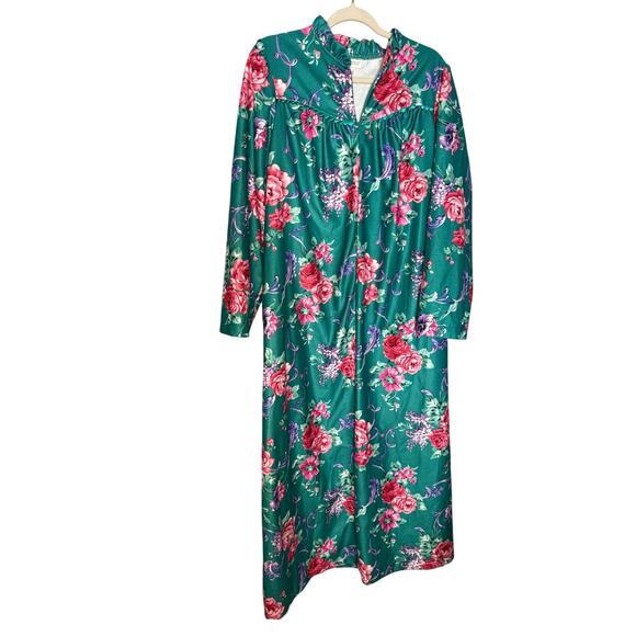 Adonna 80s/90s full zip vintage housecoat robe green floral print - Picture 1 of 8